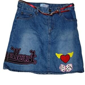 Blue Heart Jeans Denim Mini Skirt Y2K Heart Dice Painted Patches Womens  Size 16